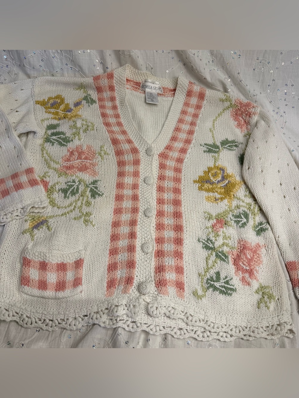 Vintage Rebecca Stone Hand Knit Floral Cardigan Cottagecore Grandmacore Medium - Picture 2 of 5